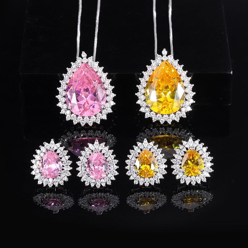 Yellow & Pink Vintage Classic Pendant Pear Cut Diamond Luxury 18k White Gold Plated Necklace Earrings Jewelry Set | Mix Mix Style-Mix MIx Style
