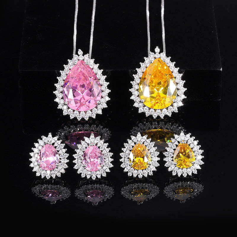 Yellow & Pink Vintage Classic Pendant Pear Cut Diamond Luxury 18k White Gold Plated Necklace Earrings Jewelry Set | Mix Mix Style-Mix MIx Style