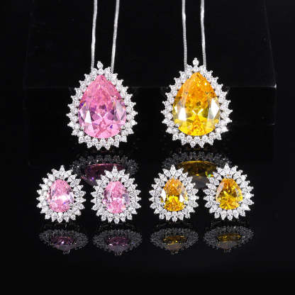 Yellow & Pink Vintage Classic Pendant Pear Cut Diamond Luxury 18k White Gold Plated Necklace Earrings Jewelry Set | Mix Mix Style-Mix MIx Style