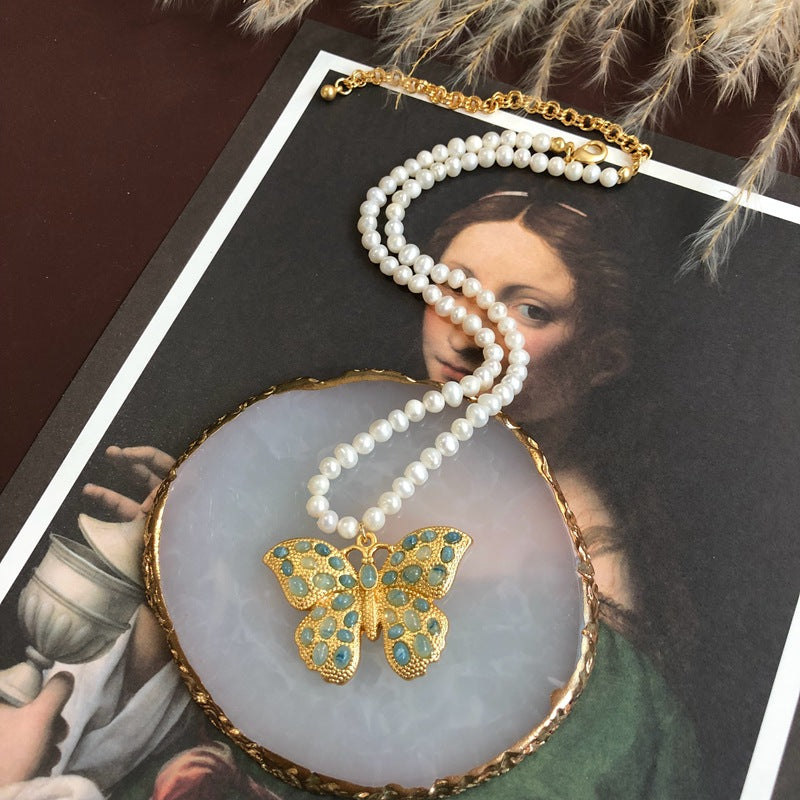 Butterfly Blue Gemstone Retro Classic Pendant Akoya Pearls Luxury 18k Gold Plated Necklace Earrings Jewelry Set | Mix Mix Style-Mix MIx Style