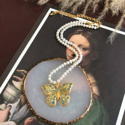 Butterfly Blue Gemstone Retro Classic Pendant Akoya Pearls Luxury 18k Gold Plated Necklace Earrings Jewelry Set | Mix Mix Style-Mix MIx Style