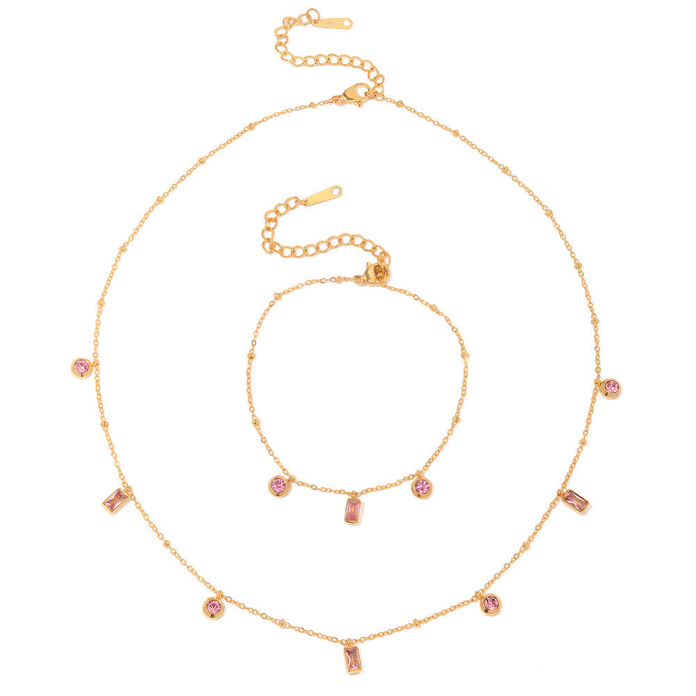 Pink and Purple Moissanite Pendant 18K Gold Plated Chain Bracelet and Necklace | Mix Mix Style [Hot Seller]-Mix MIx Style
