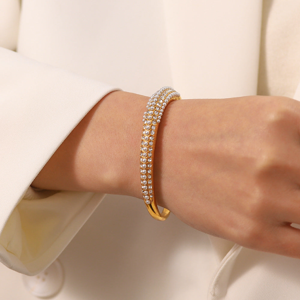 INS Fashion New Versatile Titanium Steel Bracelet 18K Gold Plated Multi-layer Full Diamond Pearl Bracelet Trendy Women's Hand Accessories-Mix MIx Style