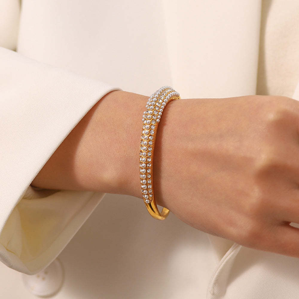 INS Fashion New Versatile Titanium Steel Bracelet 18K Gold Plated Multi-layer Full Diamond Pearl Bracelet Trendy Women's Hand Accessories-Mix MIx Style