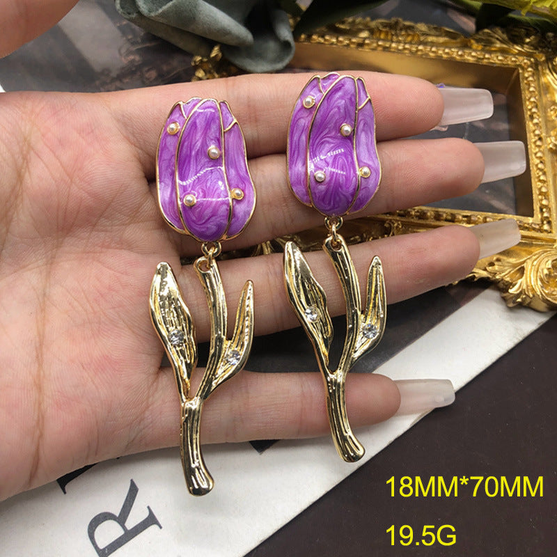 Timeless Purple - Yellow - Orange Tulip Flower Shaped 18k Vermeil Gold Plated Drop Earrings | Mix Mix Style-Mix MIx Style