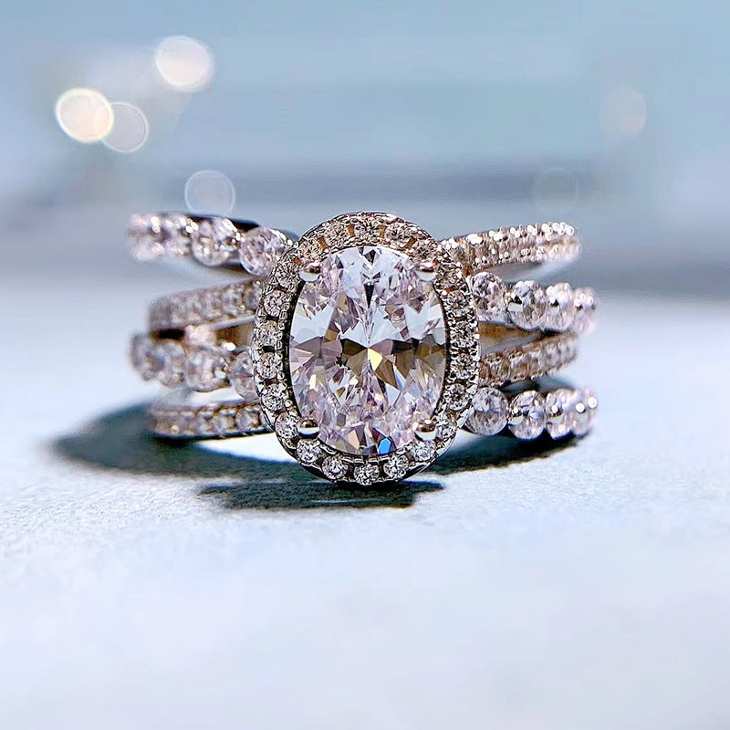 White Multi-Row Oval Cut Moissanite Diamond 3ct 18k White Gold Plated Engagement Ring | Mix Mix Style-Mix MIx Style