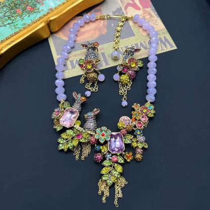 Green Animals Vintage Pendant Akoya Pearls & Diamonds Luxury 18k Gold Plated Necklace Earrings Jewelry Set | Mix Mix Style-Mix MIx Style