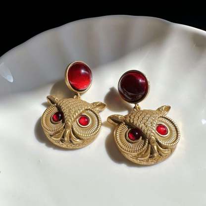 Owl Bird Shaped Timeless Red Round Moissanite Diamonds 18k Vermeil Gold Plated Drop Earrings | Mix Mix Style-Mix MIx Style