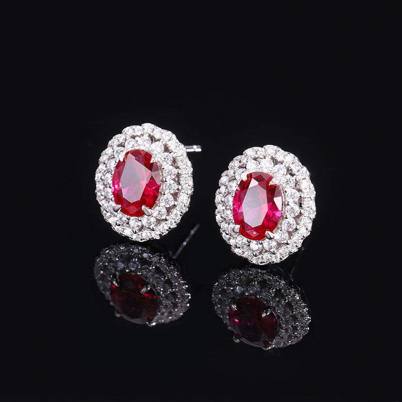 S925 silver European and American fashion set Douyin hot sale imitation ruby dan-shaped pendant ring 16*12 earrings 6*8-Mix MIx Style