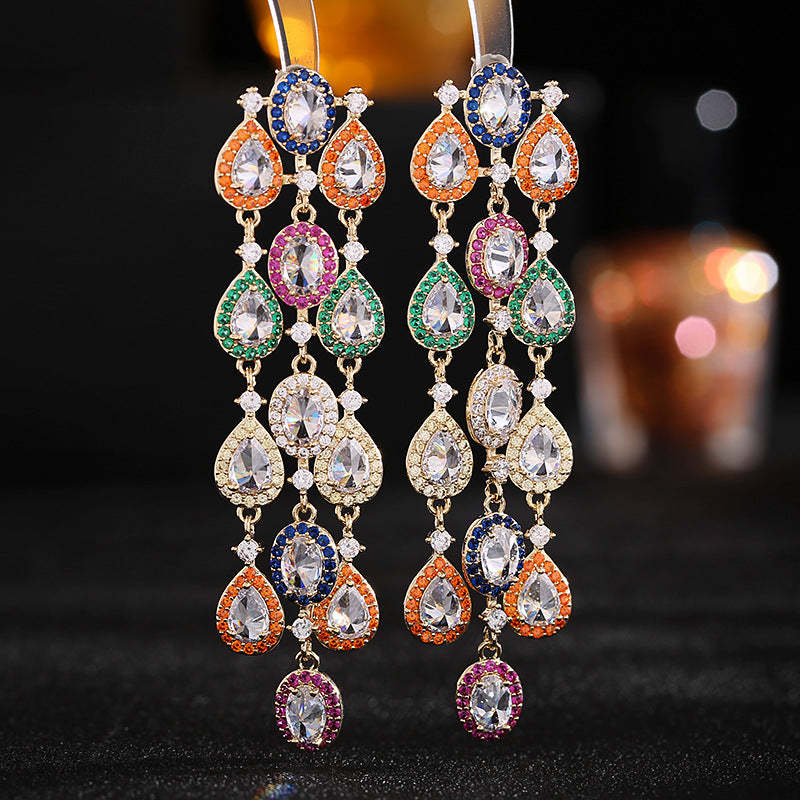 European and American Bohemian high-end earrings trend wedding dress accessories colorful zircon atmospheric exaggerated heavy earrings-Mix MIx Style