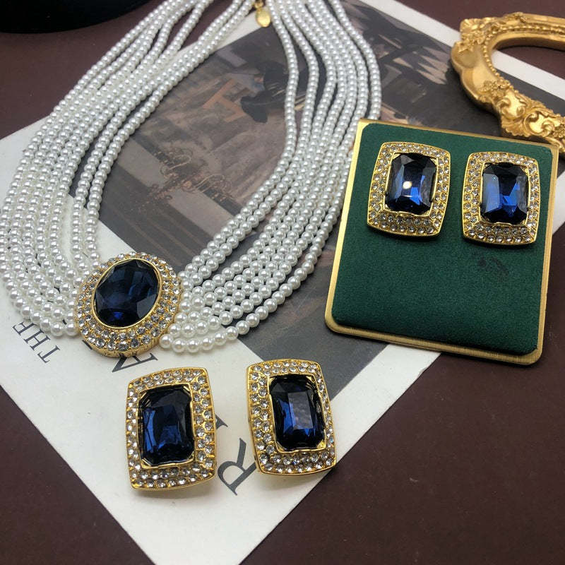 Retro Classic Pendant Akoya Pearls Blue Radiant Cut Diamond Luxury 18k Gold Plated Necklace Earrings Jewelry Set | Mix Mix Style-Mix MIx Style