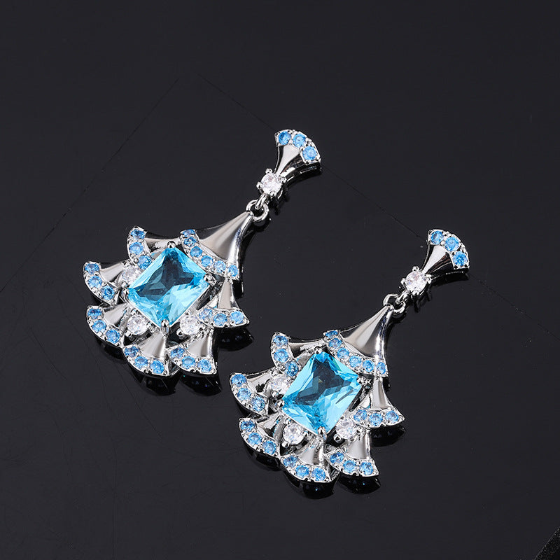 Sea Blue & White Fan-shaped Dazzling Radiant Cut Moissanite Diamonds Luxury 18k White Gold Plated Drop Earrings | Mix Mix Style-Mix MIx Style