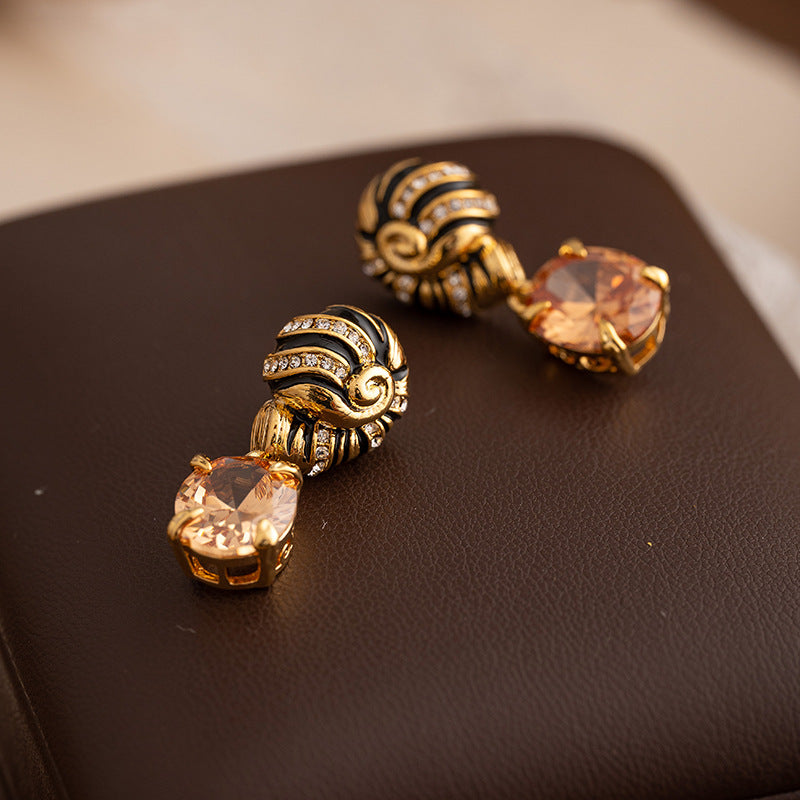 Retro earrings for women, middle-aged vintage oil dripping palace style zircon pendant earrings spiral temperament French earrings-Mix MIx Style