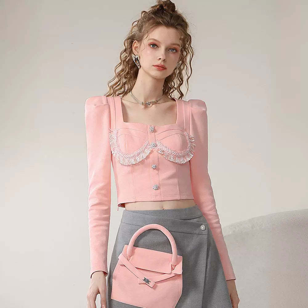 Sweet and cool gray and pink contrast color suit 24 years early spring style slim square collar top three-dimensional decorative pants skirt two-piece suit-Mix MIx Style