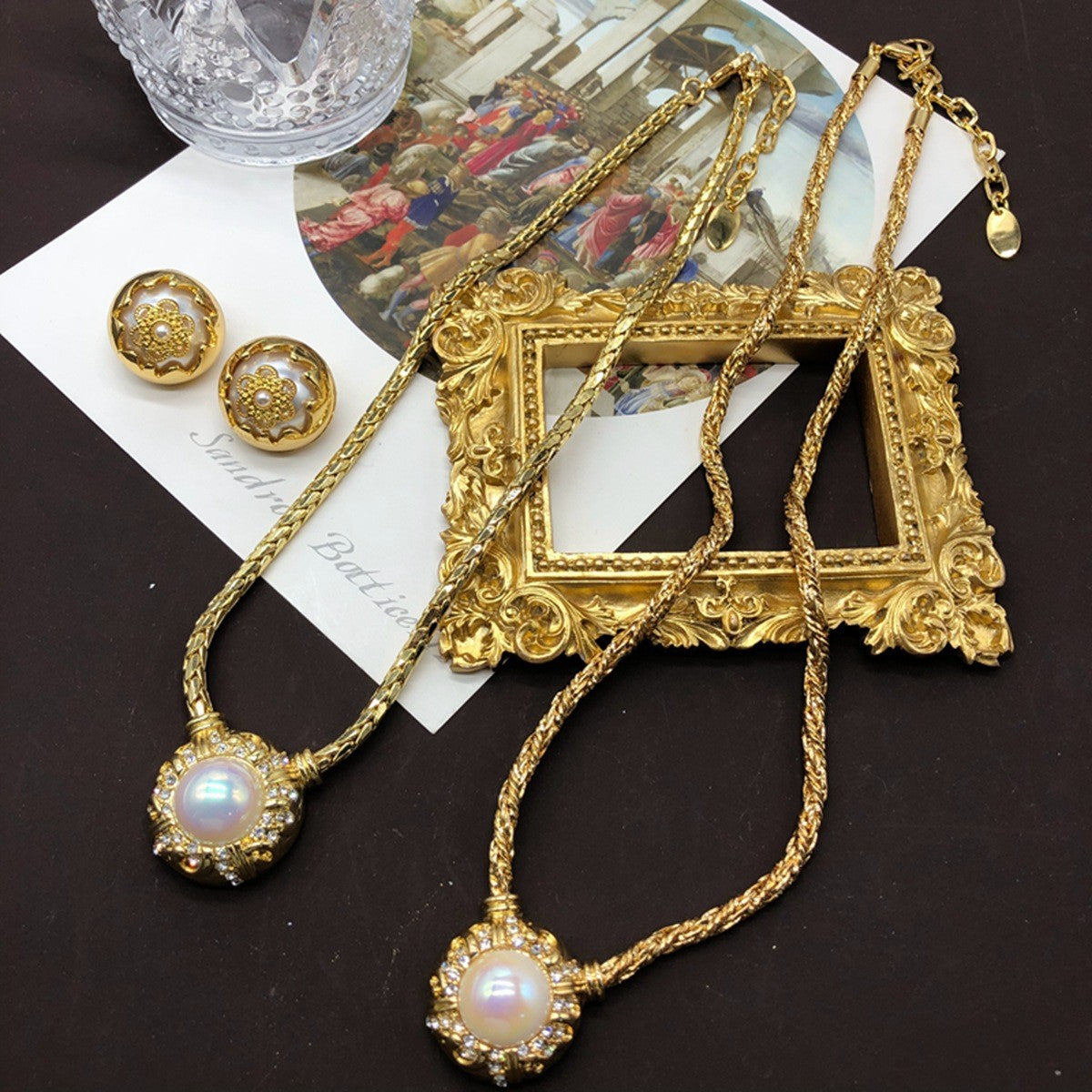 Retro White Pendant Akoya Pearl Luxury 18k Vermeil Gold Plated Necklace Earrings Jewelry Set | Mix Mix Style-Mix MIx Style