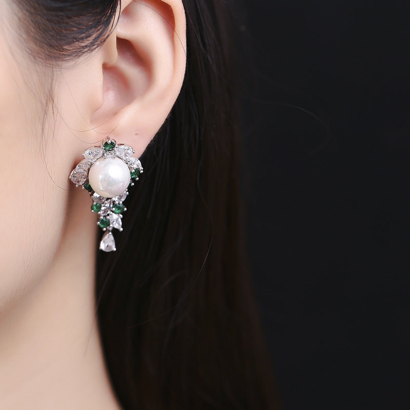 Original design niche S925 sterling silver pearl earrings for women inlaid with emerald zircon earrings light luxury retro earrings-Mix MIx Style