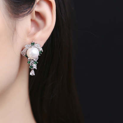 Original design niche S925 sterling silver pearl earrings for women inlaid with emerald zircon earrings light luxury retro earrings-Mix MIx Style