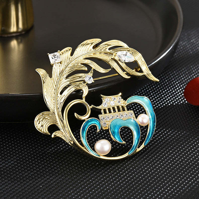 Chinese style pavilion feather elegant luxury brooch light luxury elegant suit coat elegant high-end corsage holiday gift-Mix MIx Style
