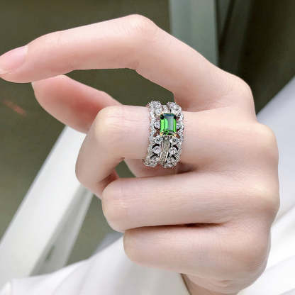 Double Row Luxurious Green Radiant Cut Moissanite Diamond 18k White Gold Plated Engagement Ring | Mix Mix Style-Mix MIx Style