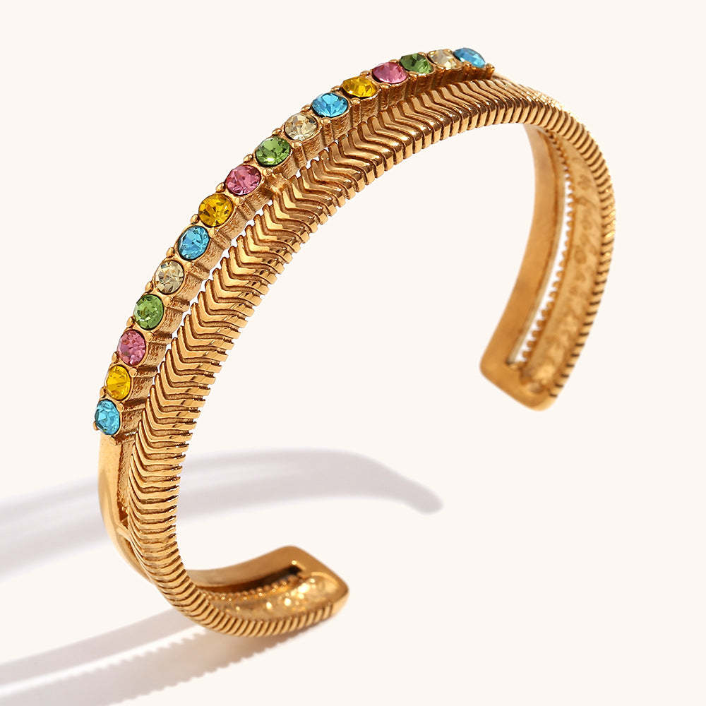 European and American cross-border double-layer diamond-studded herringbone pattern open bracelet stainless steel gold-plated retro holiday style hand jewelry-Mix MIx Style