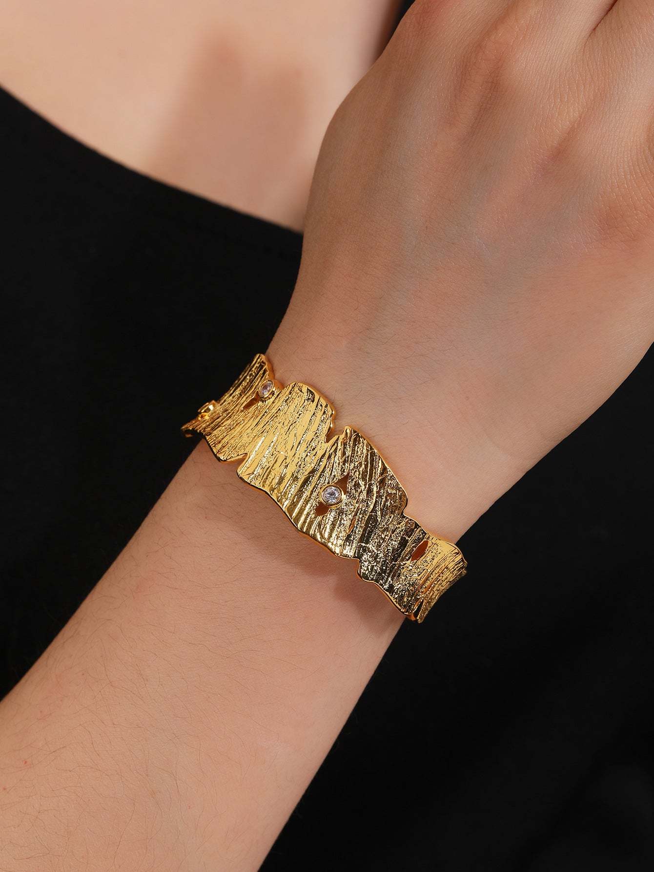 Wedding language original designer niche European and American hollow inlaid zircon bracelet wide irregular bark texture texture female-Mix MIx Style