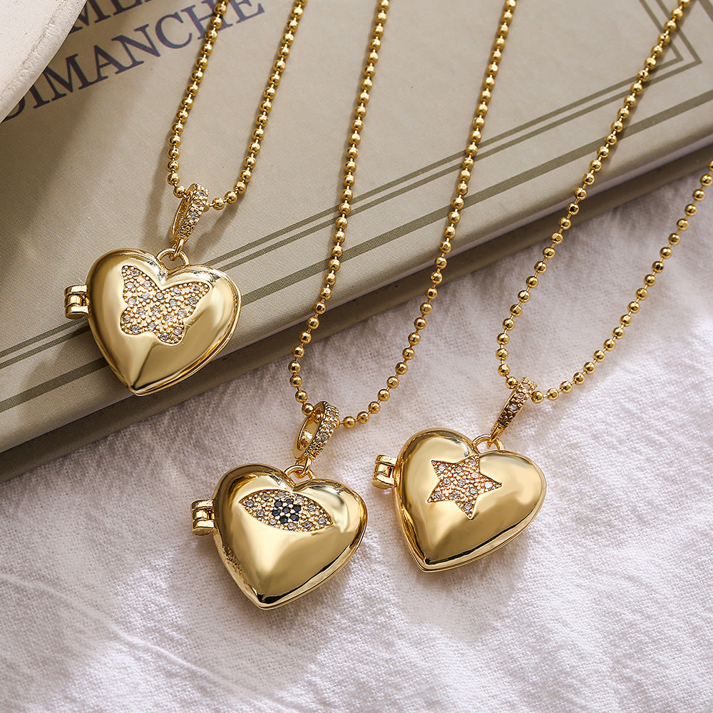 Butterfly Heart Vintage Locket Photo Open Pendant Diamonds 18k Vermeil Gold Plated Necklace Jewelry | Mix Mix Style-Mix MIx Style
