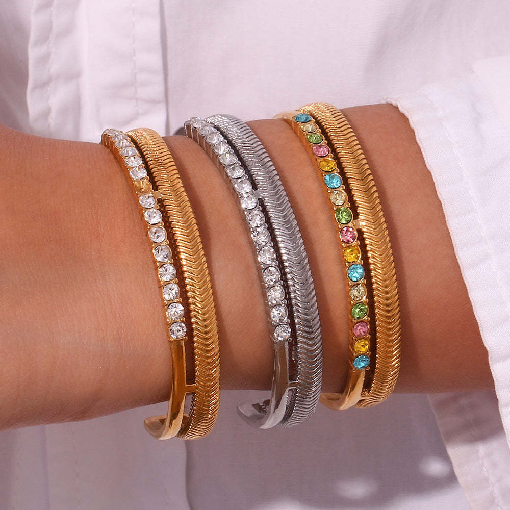 European and American cross-border double-layer diamond-studded herringbone pattern open bracelet stainless steel gold-plated retro holiday style hand jewelry-Mix MIx Style