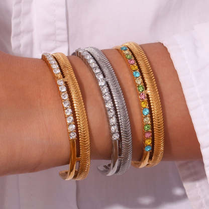 European and American cross-border double-layer diamond-studded herringbone pattern open bracelet stainless steel gold-plated retro holiday style hand jewelry-Mix MIx Style