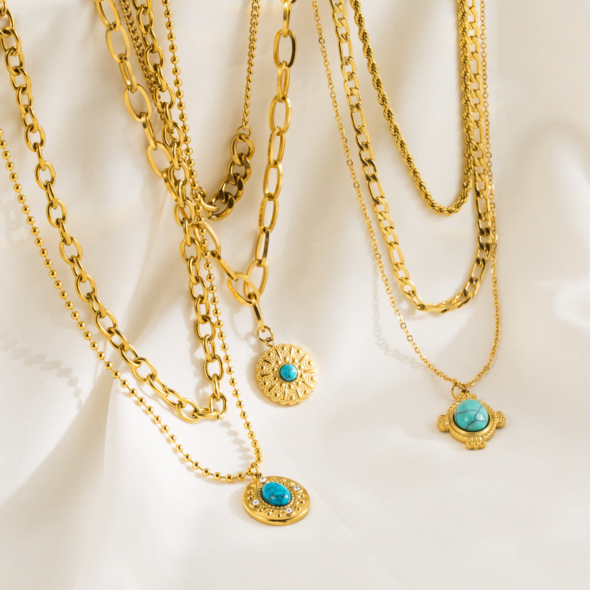 Turquoise Green Vintage Multilayer Chain Pendant RoundCut Gemstone Luxury 18k Veremeil Gold Plated Necklace Jewelry | Mix Mix Style-Mix MIx Style