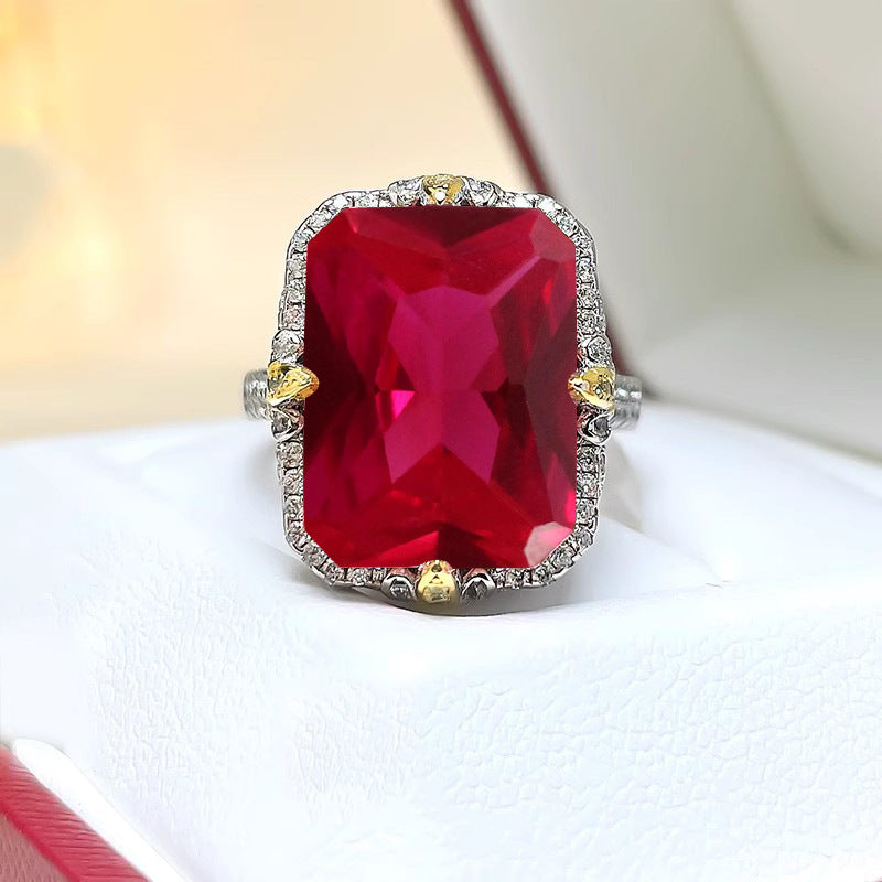 European 5ct and American exaggerated large colored gem red corundum ring fashionable light luxury temperament two-color gold pigeon blood red high carbon diamond female ring-Mix MIx Style