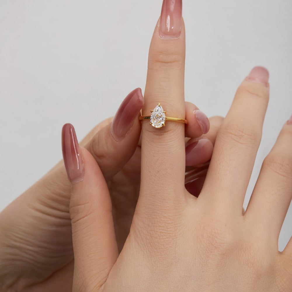 Dainty Solitarie Drop Pear Cut Moissanite Diamond 3ct 18k Vermeil Gold Plated Engagement Ring | Mix Mix Style-Mix MIx Style