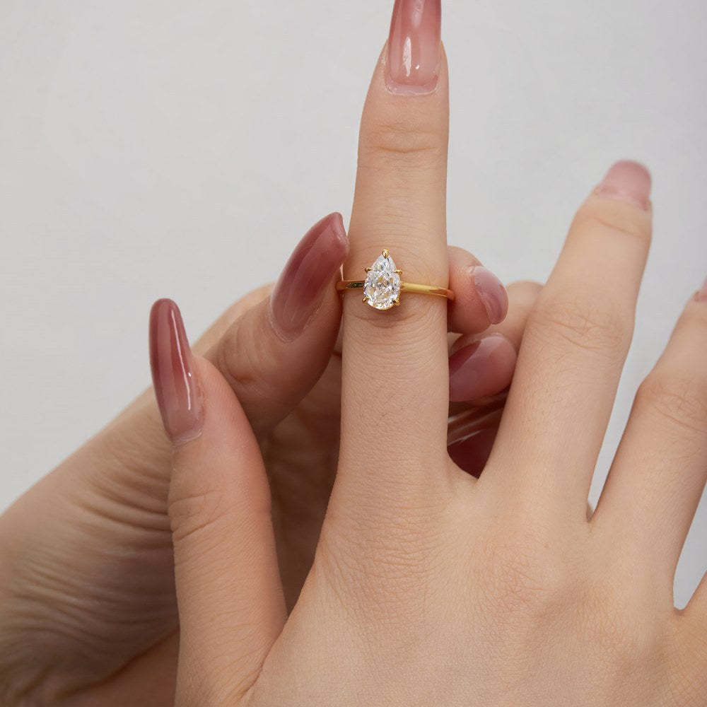 Dainty Solitarie Drop Pear Cut Moissanite Diamond 3ct 18k Vermeil Gold Plated Engagement Ring | Mix Mix Style-Mix MIx Style