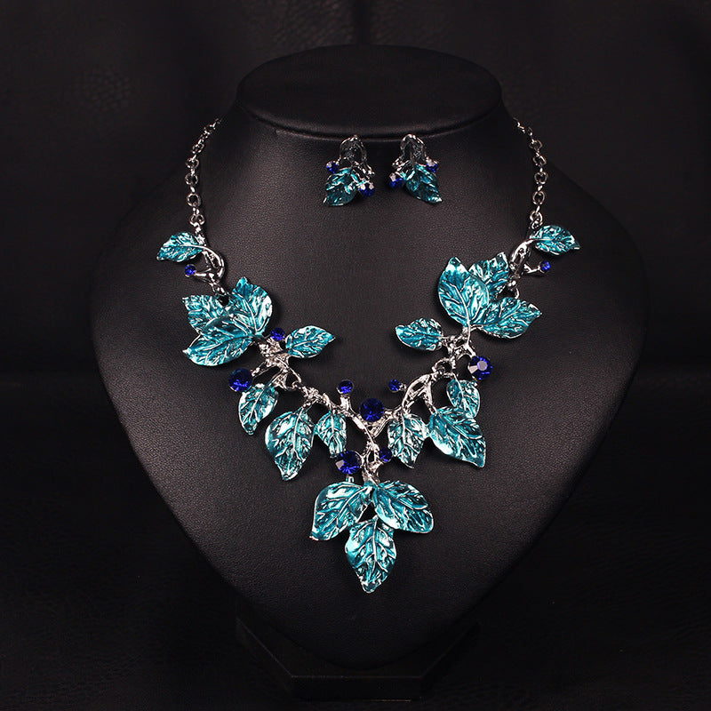 Vintage Green Leafs Diamonds Pendants Luxury 18k White Gold Plated Necklace & Earring Jewelry Set | Mix Mix Style-Mix MIx Style