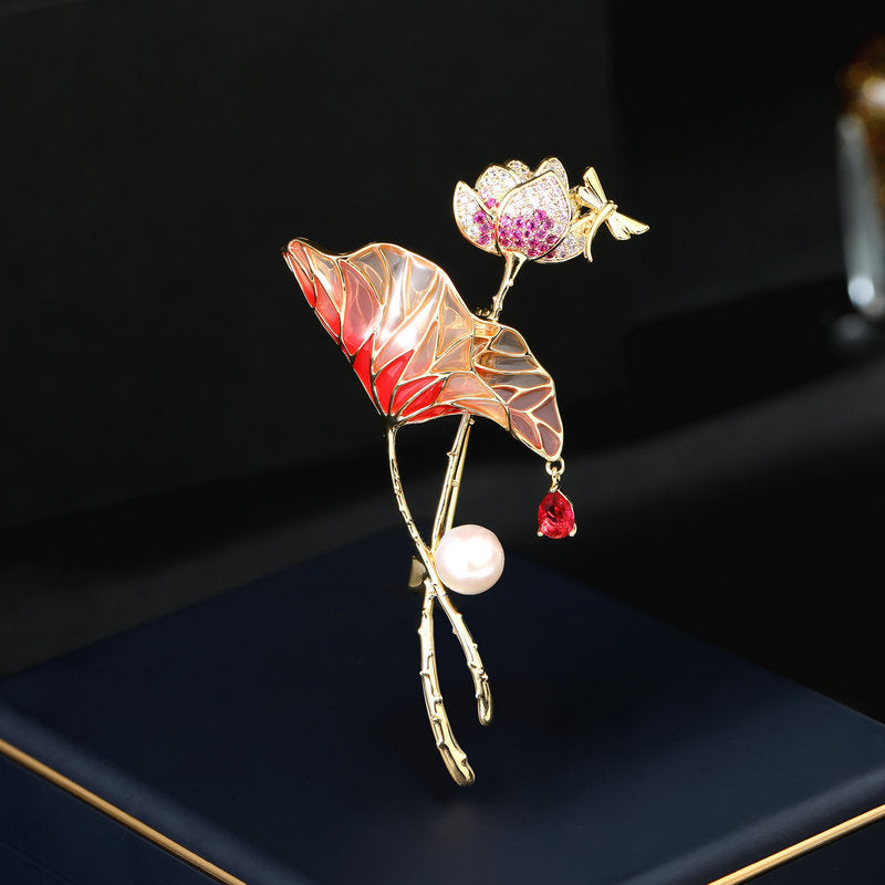 Retro Chinese style cheongsam Hanfu dress accessories corsage oil drop freshwater pearl zircon inlaid lotus leaf brooch-Mix MIx Style