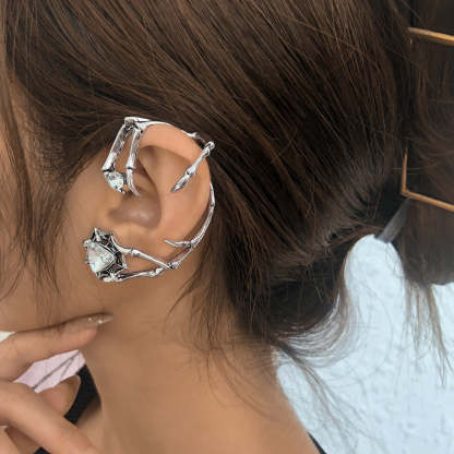 Dragon - Rose Motive Moissanite Diamonds 18k White Gold Plated Ear Crawler Earrings | Mix Mix Style-Mix MIx Style