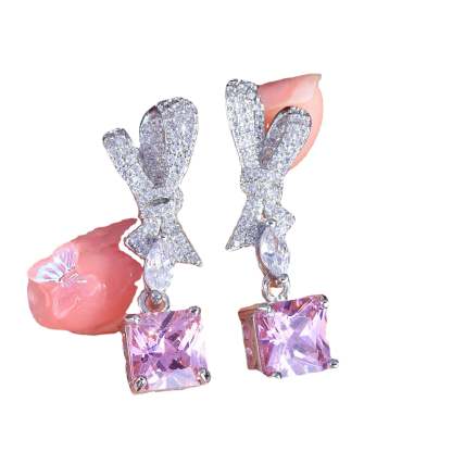 Pink - Yellow Bow Cushion Moissanite Diamonds Luxury 18k White Gold Plated Retro Drop Earrings | Mix Mix Style-Mix MIx Style