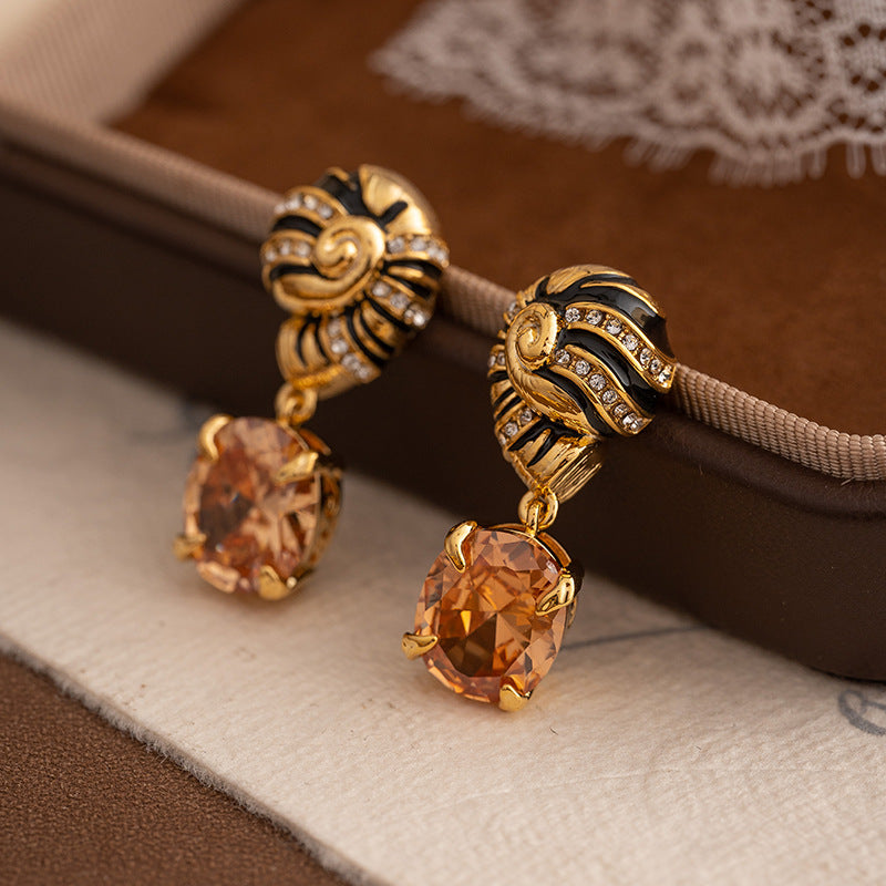 Retro earrings for women, middle-aged vintage oil dripping palace style zircon pendant earrings spiral temperament French earrings-Mix MIx Style