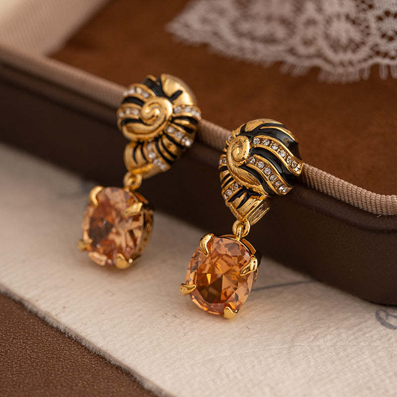 Retro earrings for women, middle-aged vintage oil dripping palace style zircon pendant earrings spiral temperament French earrings-Mix MIx Style