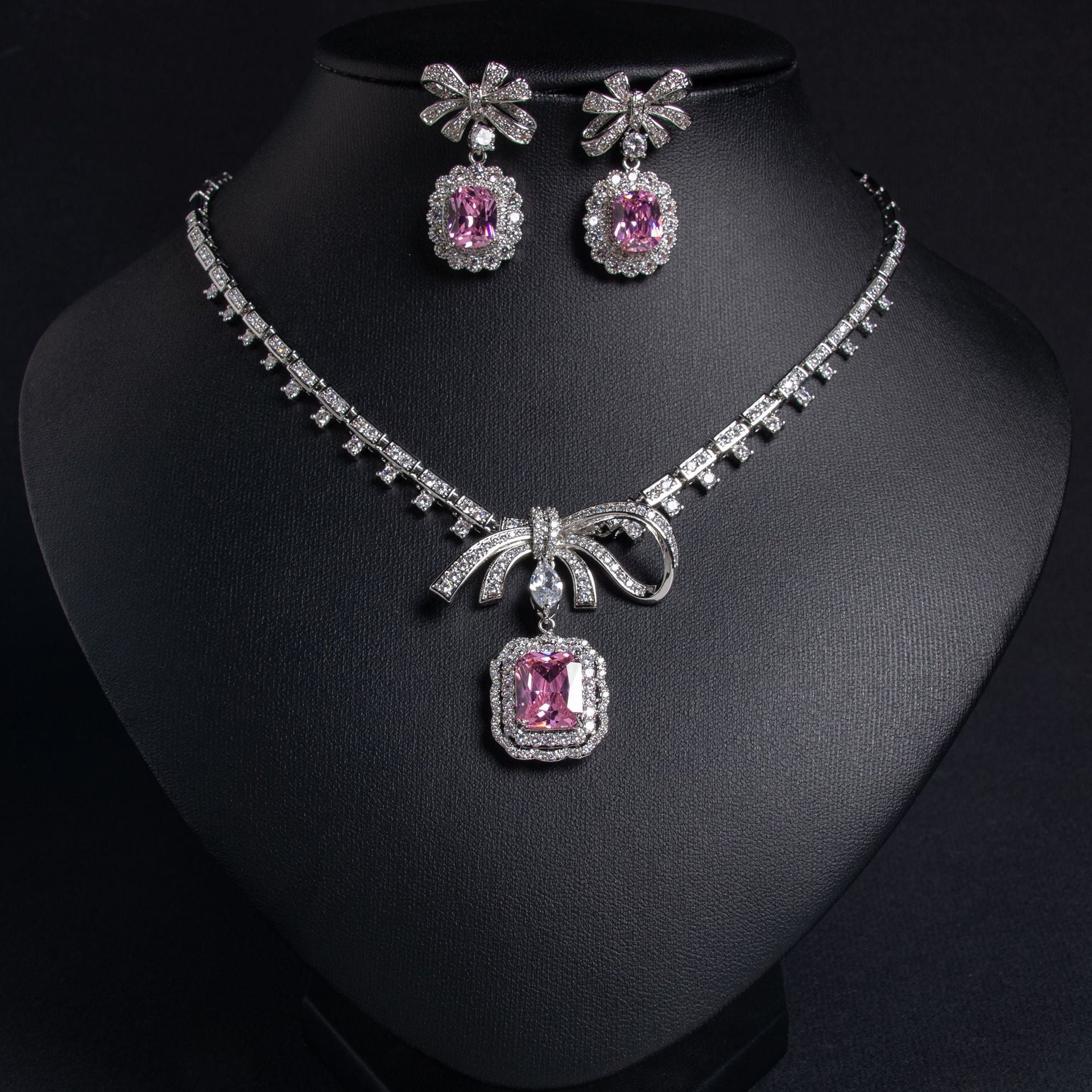 Korean cross-border new bridal jewelry casual women's bow pendant zircon earrings necklace dress jewelry set-Mix MIx Style