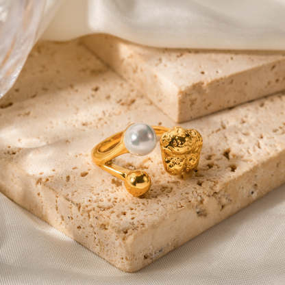 INS internet celebrity trend 18K gold stainless steel stamen shaped pearl ring European and American fashion non-fading jewelry wholesale-Mix MIx Style