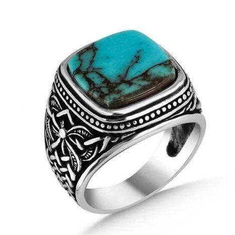 Square Antique Blue Gemstone Carved 18k White Gold Plated Retro Ring |