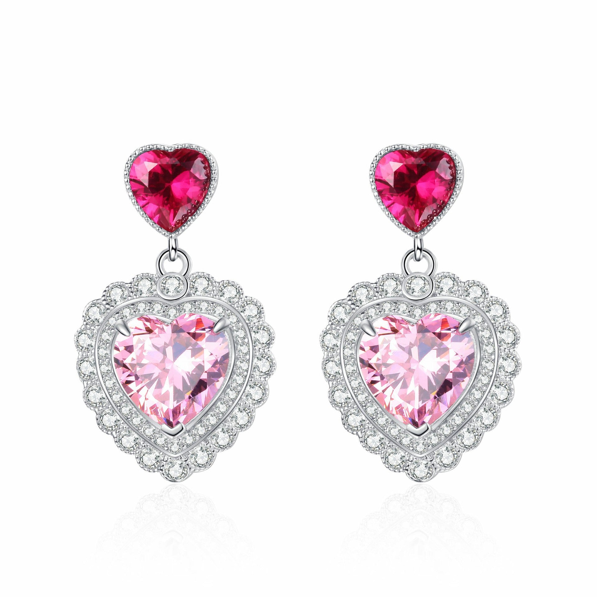 S925 sterling silver love cherry blossom pink gem earrings female heart-shaped earrings hot girl temperament high-end light luxury earrings-Mix MIx Style