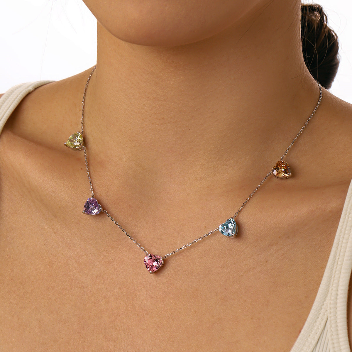 New S925 sterling silver necklace for women inlaid with colorful heart-shaped zircon niche design fashion love pendant clavicle chain-Mix MIx Style