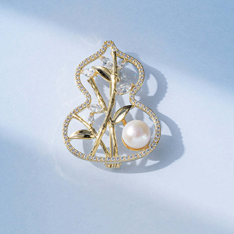 Concubine Xiliang French style light luxury exquisite copper zircon freshwater pearl bamboo brooch niche versatile gourd corsage-Mix MIx Style