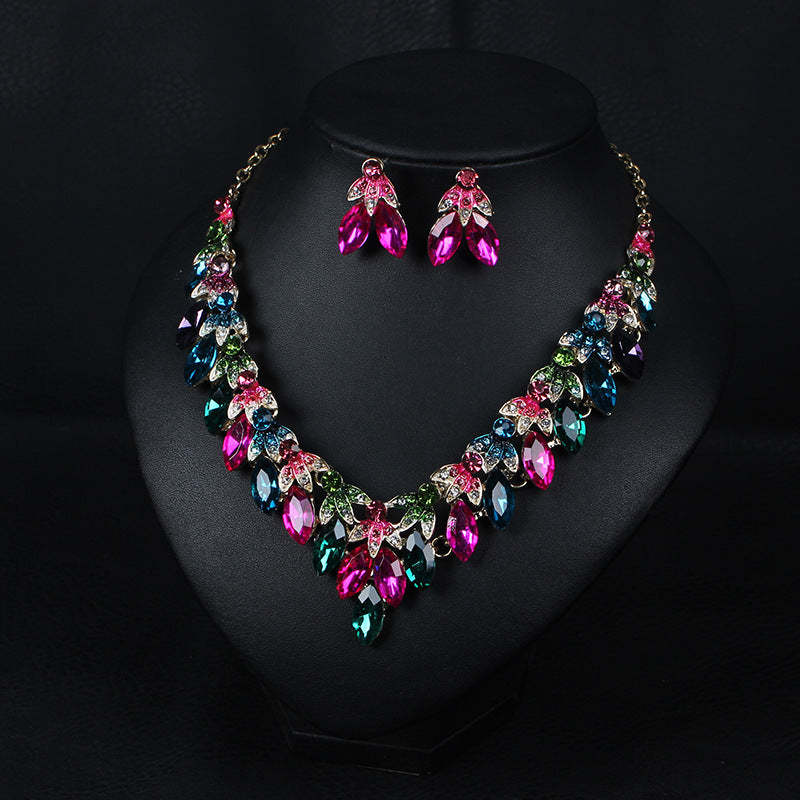 Pink Multicolor Retro Classic Marquise Diamonds Luxury 18k Gold Plated Necklace & Earrings Jewelry Set | Mix Mix Style-Mix MIx Style