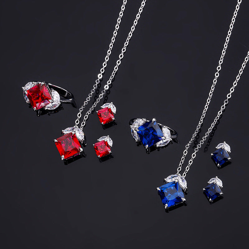 2023 New S925 Silver Jewelry Simulated Red Sapphire Square Simple Daily Style Set for Women 9*9-6*6-Mix MIx Style