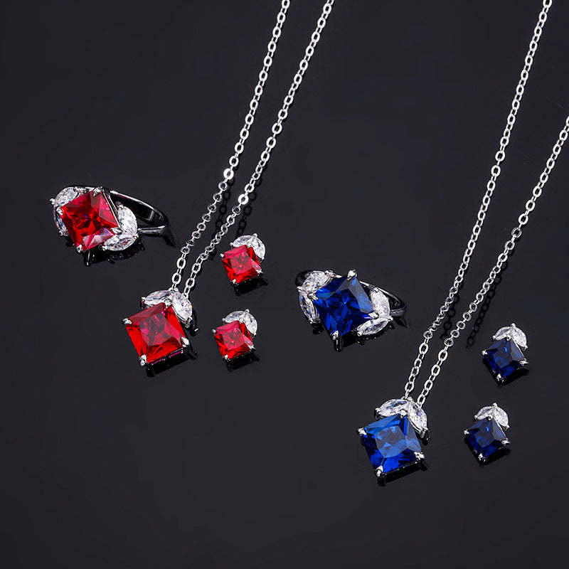 2023 New S925 Silver Jewelry Simulated Red Sapphire Square Simple Daily Style Set for Women 9*9-6*6-Mix MIx Style