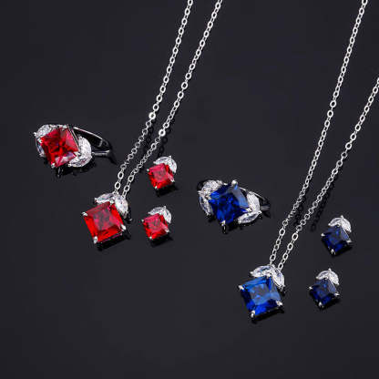 2023 New S925 Silver Jewelry Simulated Red Sapphire Square Simple Daily Style Set for Women 9*9-6*6-Mix MIx Style