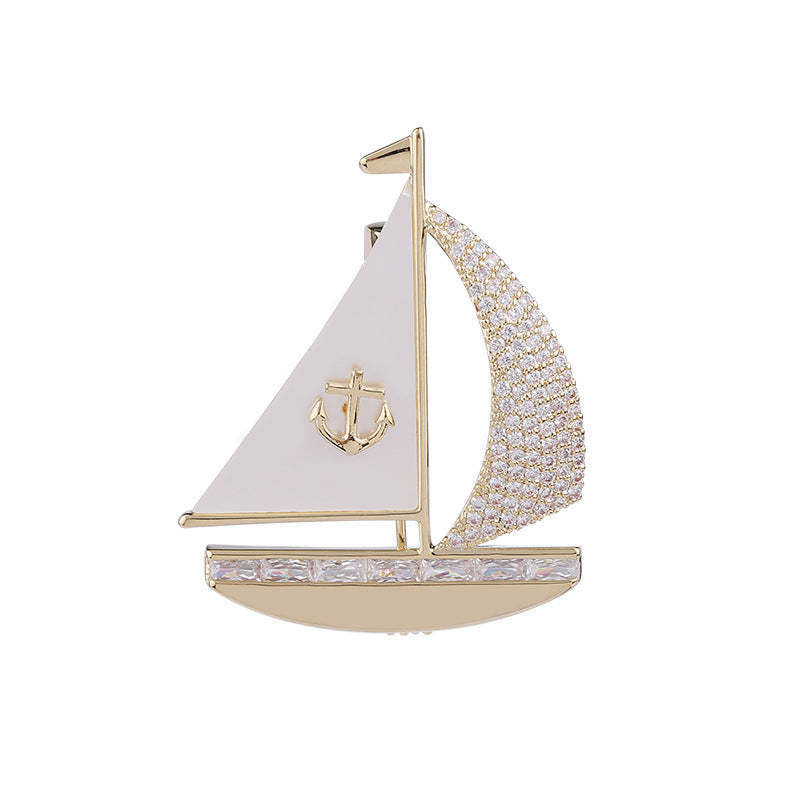 Korean style fashionable autumn and winter clothing accessories mother-of-pearl zircon inlaid high-end brooch Smooth sailing creative design sailing brooch-Mix MIx Style