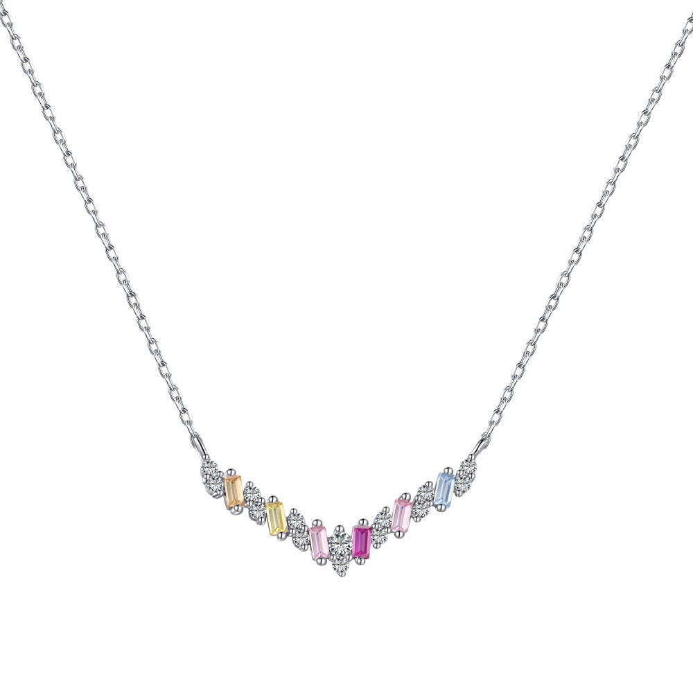 S925 sterling silver color necklace women's high-end trapezoidal rectangular zircon arrangement V-shaped design niche clavicle chain-Mix MIx Style